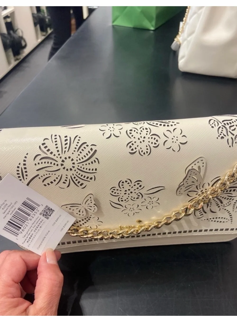 kate spade Cream Floral & Butterfly Cutout Leather Crossbody with Gold Chain